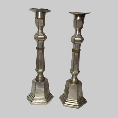 VTG Set of 2 Brass Pewter Pillar Candlesticks - See Description - AS IS
