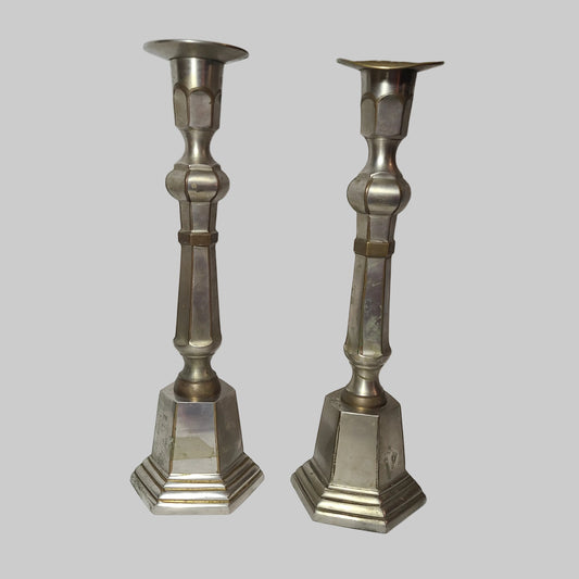 VTG Set of 2 Brass Pewter Pillar Candlesticks - See Description - AS IS