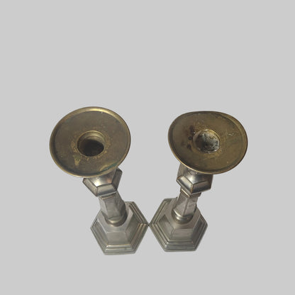 VTG Set of 2 Brass Pewter Pillar Candlesticks - See Description - AS IS
