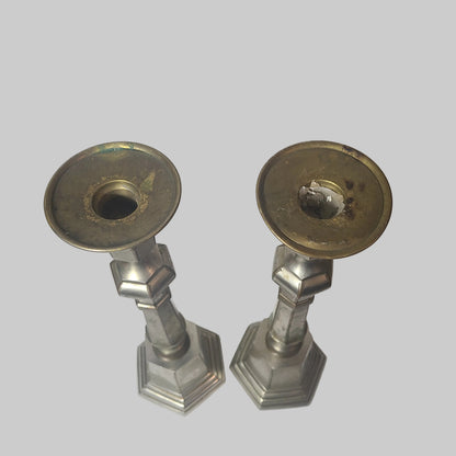 VTG Set of 2 Brass Pewter Pillar Candlesticks - See Description - AS IS