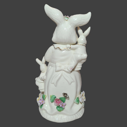 Musical 11.5" Porcelain Mrs. Easter Bunny Figurine - Plays Here Comes Peter Cottontail - LIKE NEW