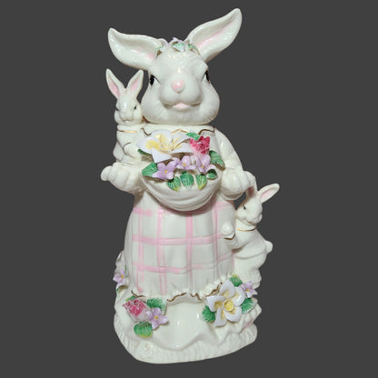 Musical 11.5" Porcelain Mrs. Easter Bunny Figurine - Plays Here Comes Peter Cottontail - LIKE NEW