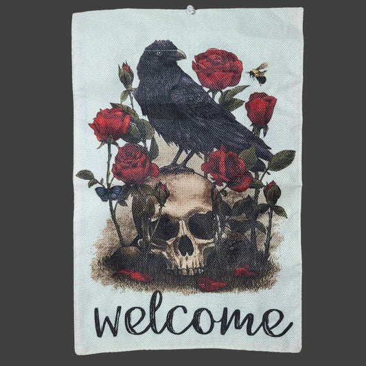 18" x 12" Crow & Skull Halloween Welcome Double-Sided Flag - USED