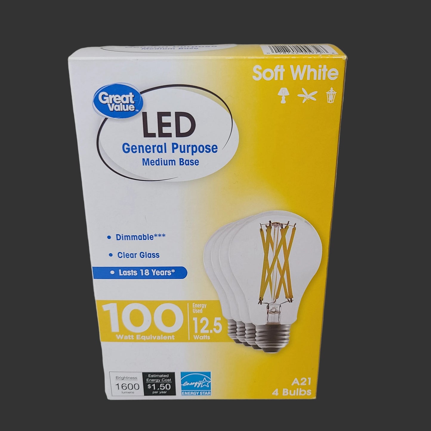 4PK Great Value LED General Purpose Medium Base Soft White 100 Watt Equivalent Bulbs - NEW