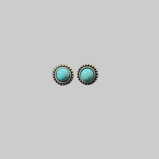 Silver Tone Bohemian Turquoise Round Stud Earrings - NEW
