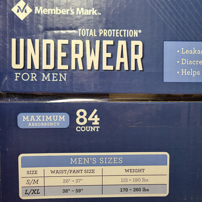 Member's Mark L/XL Total Protection Underwear for Men - 84 Count - Max Absorbency - NEW