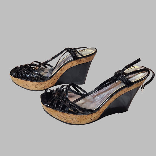Women's 9 Gianni Bini Shiny Black Cork Wedges - USED