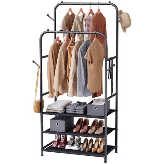 Furologee Black Double Rods Garment Rack w/ 3-Tier Storage - NEW