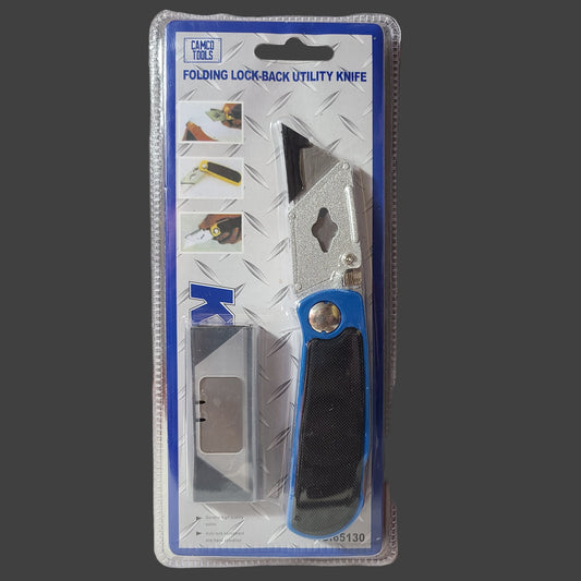 Camco Tools Blue Folding Lock-Back Utility Knife w/ 5 Extra Blades - NEW