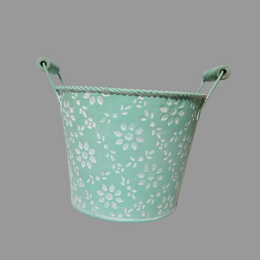 Mint Green Metal Flower Bucket w/ Wood Handles - USED